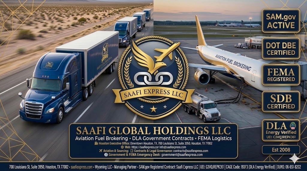 Saafi Express LLC fleet and aviation fuel brokering — SAM.gov Active, DOT DBE Certified, FEMA Registered, SDB Certified, DLA Energy Verified, Est. 2008